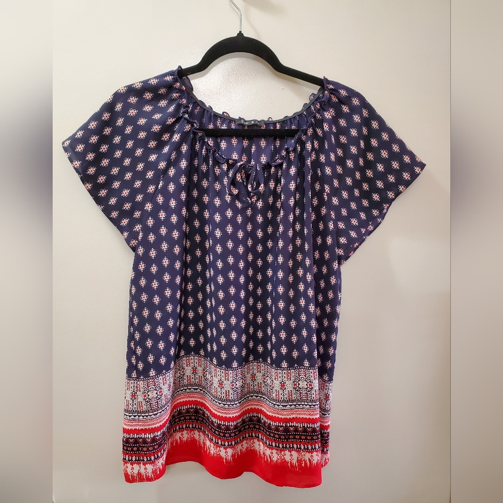 Navy and Red Patterned Women's Top By Sami & Jo, Size M
